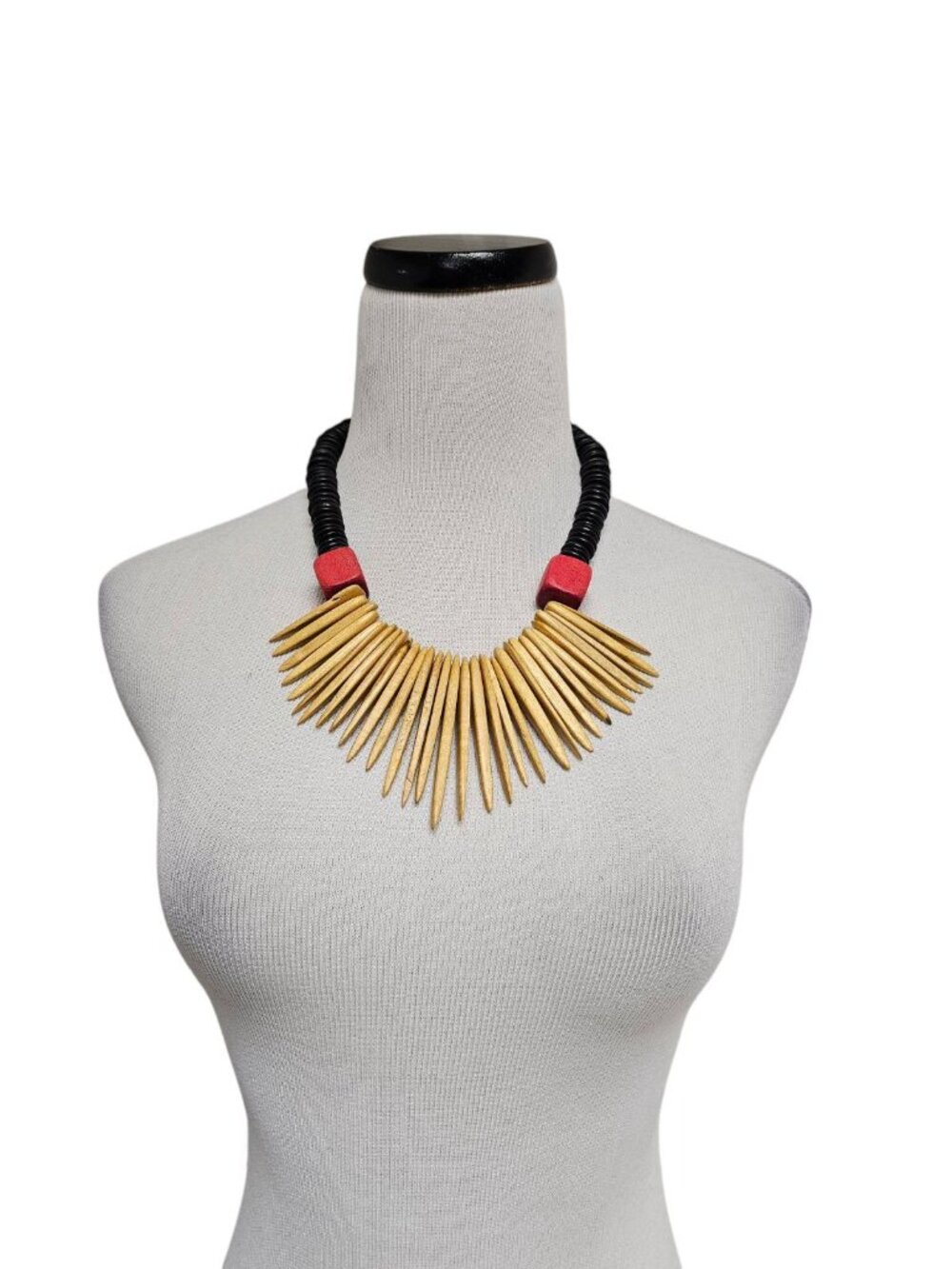 80s - 90s Purisima wood and coco bead bib fringe statement necklace